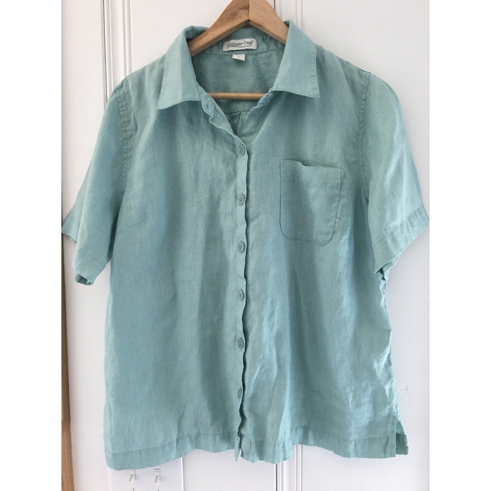 100% Linen Shirt Womens L Blue Coastal Minimalist‎ Relaxed Fit Summer Grandma